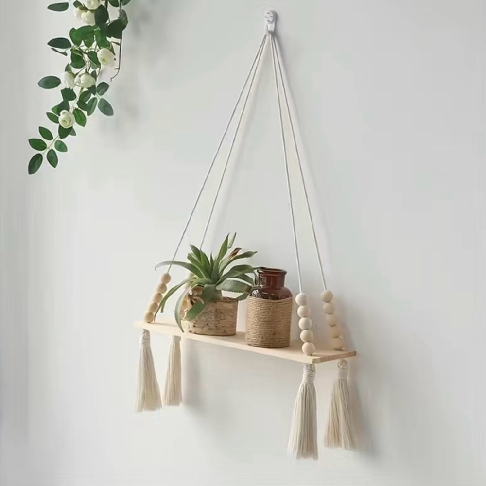 🆕NWT, Macrame Bohemian Wood Beaded Shelf